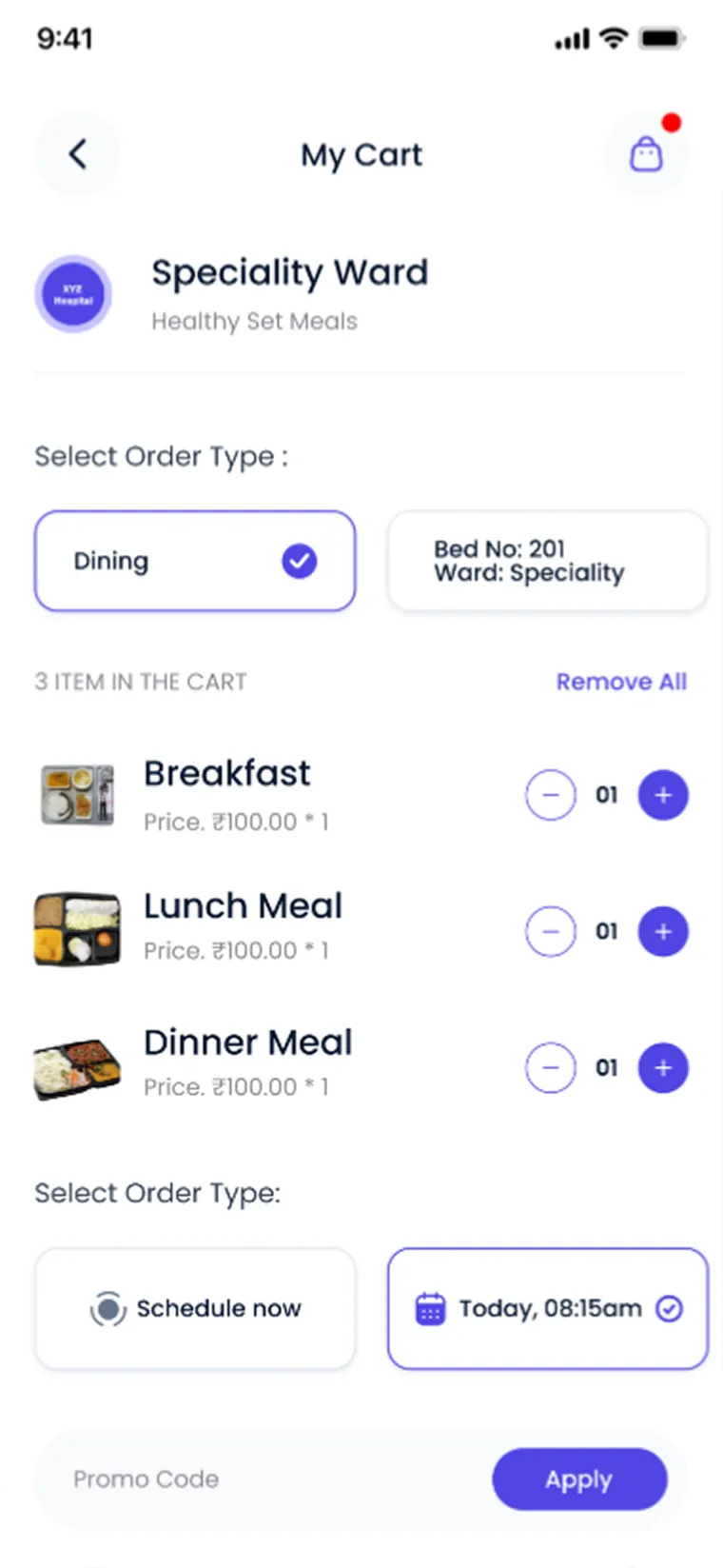 MedMeals app cart for a speciality ward with breakfast, lunch and dinner meals, bed number and scheduled delivery time