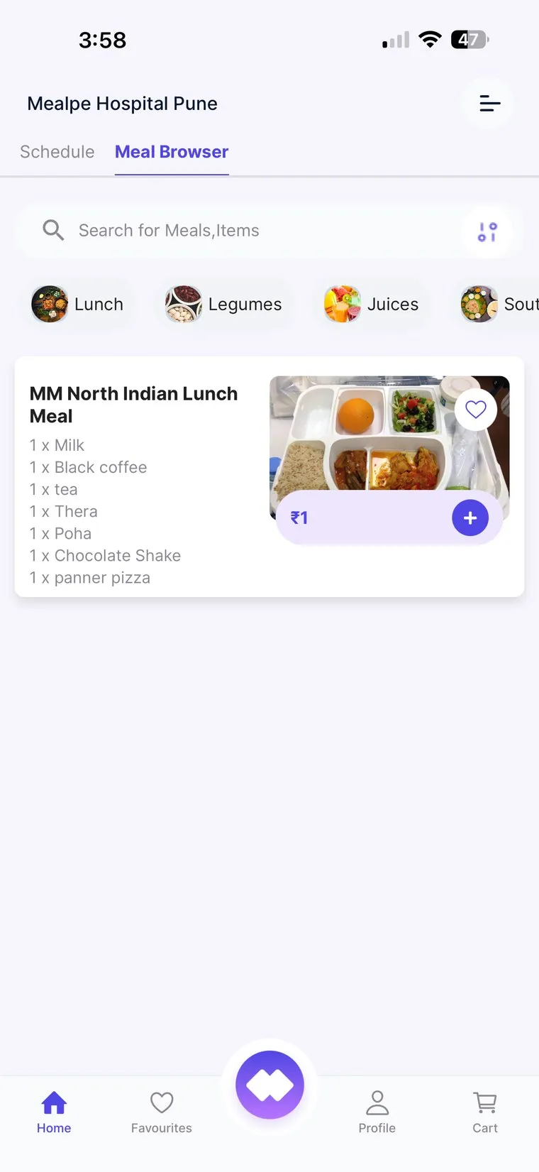 MedMeals patient and attendee app showing the meal browser with categories and a North Indian lunch meal