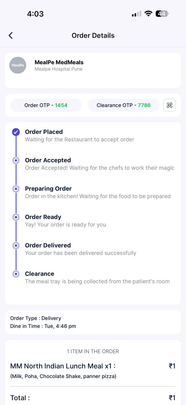 MedMeals app order details with order OTP, clearance OTP and a live status timeline from order placed to clearance
