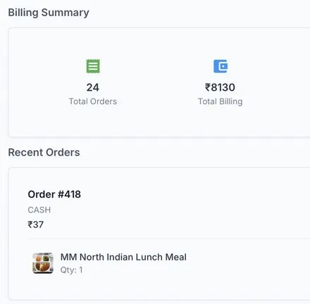 MedMeals patient billing summary with 24 total orders and 8,130 rupees total billing, and a recent cash order for a North Indian lunch meal