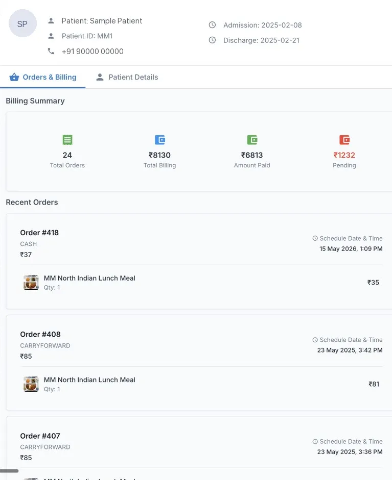 Patient billing summary in MedMeals with total orders, total billing, amount paid, pending amount and recent orders (sample patient)