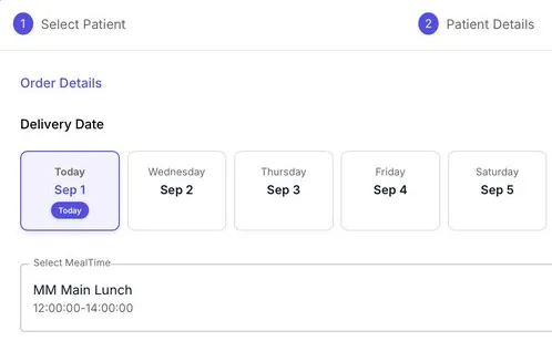 RSOT order screen in MedMeals: the order steps, delivery date chips starting today, and the main lunch meal time