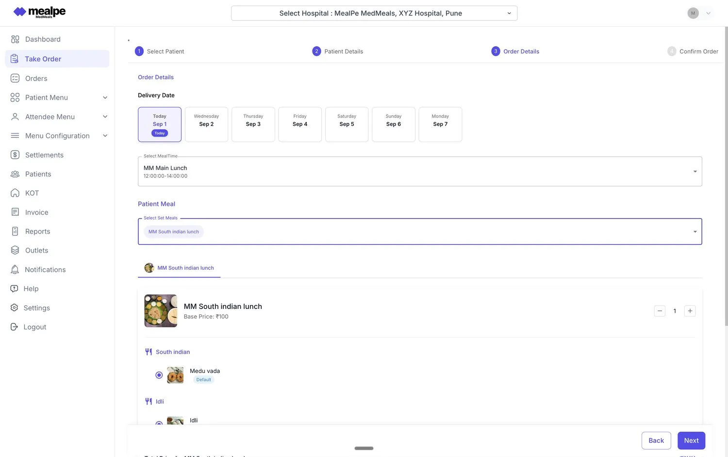 Room Service Order Taking screen in MedMeals: select patient, choose delivery date and meal time, then pick the patient meal