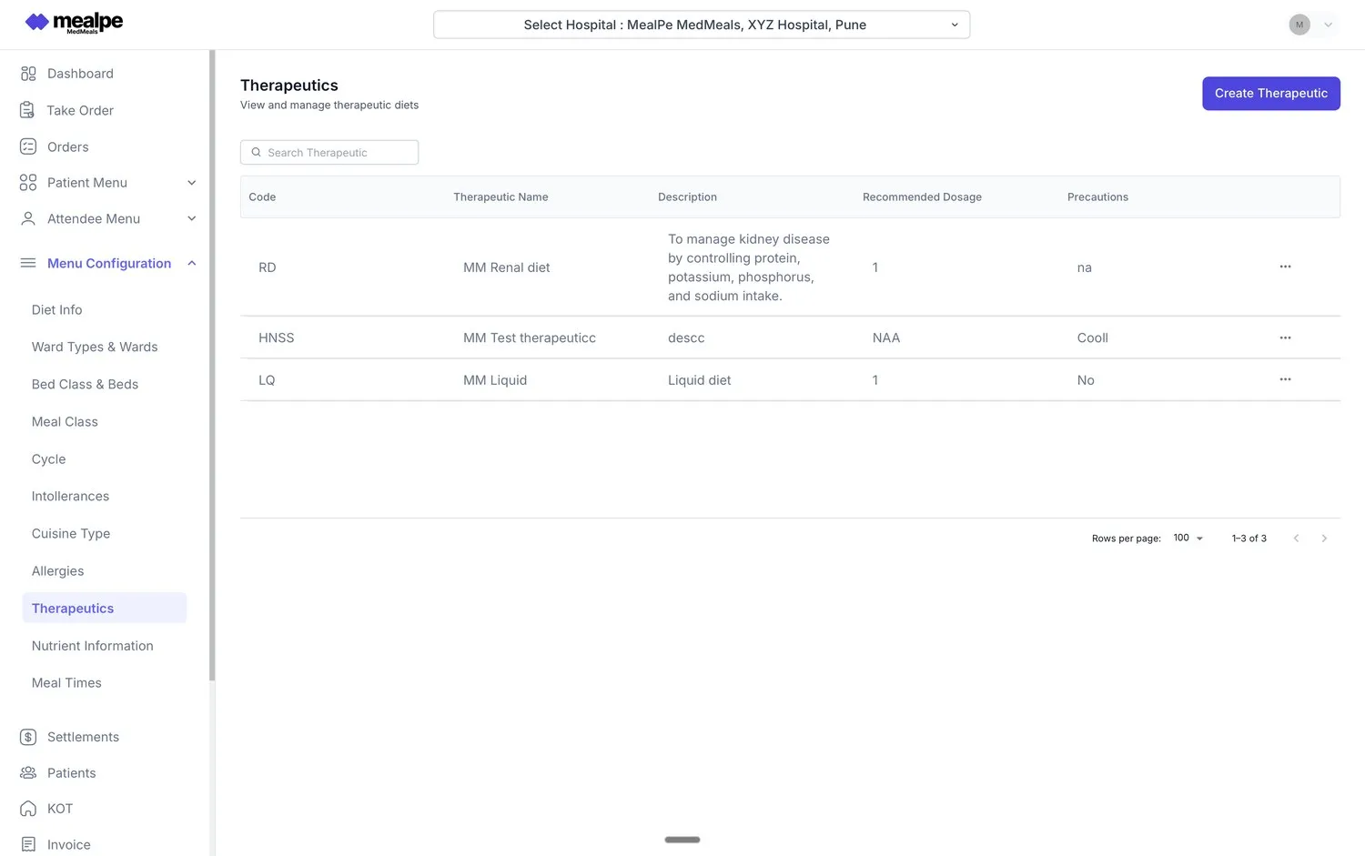 Therapeutics master in MedMeals listing renal, liquid and other therapeutic diets with descriptions, dosage and precautions